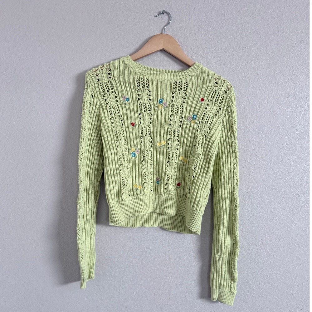 Vintage Y2K Cottagecore Knit Sweater Small Green Floral Embroidered Coquette